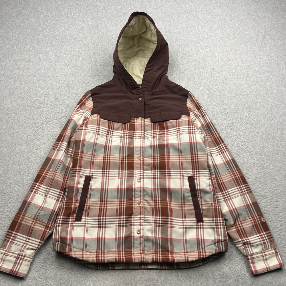 KUHL Artisan Hooded Shirtjak Womens Small Brown Plaid Quilted Lined Jacket 4086